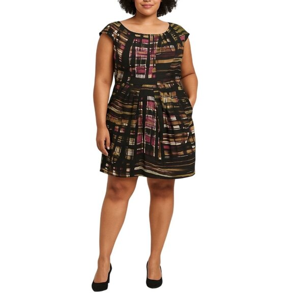 Corey P Brush Stroke Print Dress Cap Sleeve Pleated Side Pocket Back Zip Size 14 - Picture 1 of 11